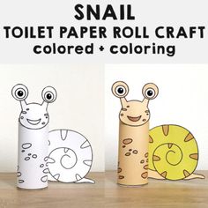 two toilet paper roll crafts, one with a snail and the other with a giraffe