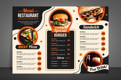 an orange and black restaurant menu design