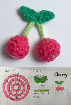 two crocheted cherries are shown next to each other on a piece of paper