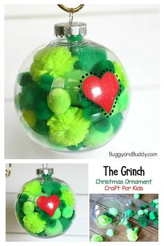 christmas ornament craft for kids with green pom poms and red heart