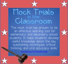 a blue and red background with the words mock trials in the classroom on it