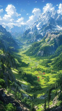 an image of a mountain valley with green grass and trees in the foreground, surrounded by mountains