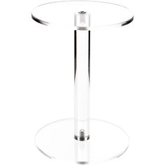 a clear glass table with a metal base and round top on an isolated white background