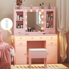 a pink vanity with lights on it and a stool in front of the mirror that is lit up