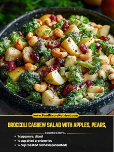 broccoli cashew salad with apples, pears and cranberries in a bowl