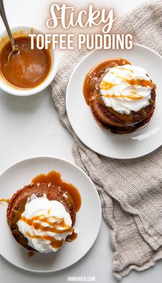 Two sticky toffee puddings are on two white plates on a white countertop along with a white dish of caramel and a beige tea towel. Sticky Toffee Pudding Wedding Cake, Nature, Essen, Toffee Dessert, Pudding Cakes, Whipped Cream Desserts, English Desserts, Lowering Cholesterol