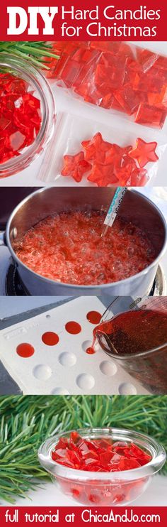 red candies are being put in bowls and placed on top of each other to make christmas