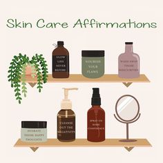 a shelf with different types of skin care products on it and the words skin care affirm