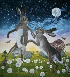 two rabbits are dancing in the grass with dandelions and a full moon behind them