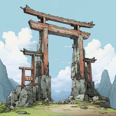 an illustration of a gate in the middle of some rocks with mountains in the background