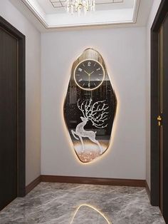 a clock mounted to the side of a wall next to a doorway with a deer on it