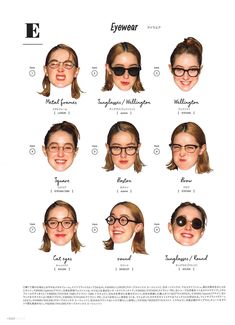 an advertisement for eyewear featuring different types of women's glasses and their names