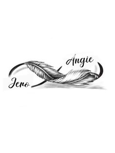 an ink drawing of a feather with the words angel and leno written on it