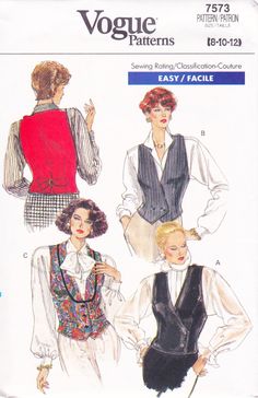 This vintage Vogue sewing pattern was designed in 1989. It makes a selection of semi fitted vests with design variations. Sizes 8 10 12: Bust 31 1/2 to 34. The pattern is unused and still in factory folds. The instructions are included. The envelope is in good vintage condition. To see more vintage separates patterns: https://www.etsy.com/shop/studioGpatterns?section_id=6940897 To visit my shop: https://www.etsy.com/shop/studioGpatterns 1980s Woman Fashion, 1980s Fashion Drawings, 80s Female Detective, 80s Fashion Sketches, 1980s Fashion Sketches, 80s Pattern Clothes, 1980s Sewing Patterns, 1980 Fashion Women, Vintage Vogue Aesthetic