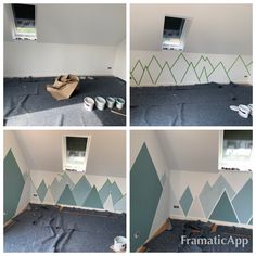 four pictures showing the process of painting a room with mountains painted on the walls and ceiling