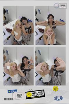 four pictures of two women in front of a mirror making the peace sign with their hands