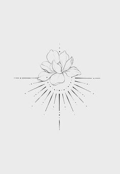 a black and white drawing of a flower with rays coming out from the center on a gray background