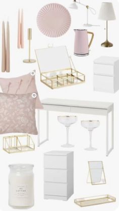 a white table topped with lots of furniture and decor items next to a pink lamp