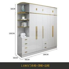 the closet is white with gold trimmings and has two doors, one door open