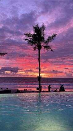 a palm tree sitting on top of a swimming pool under a purple and blue sky