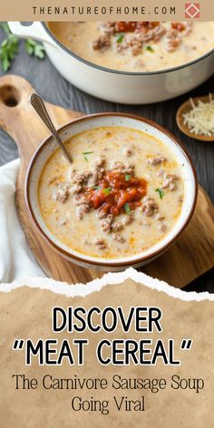 a bowl of soup on top of a wooden table with the title, discovering meat cereal