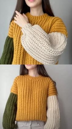 two photos of the same woman's sweaters, one in yellow and green