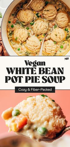 vegan white bean pot pie soup with biscuits and peas