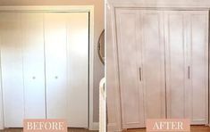 before and after photos of a white painted armoire in a room with wood floors