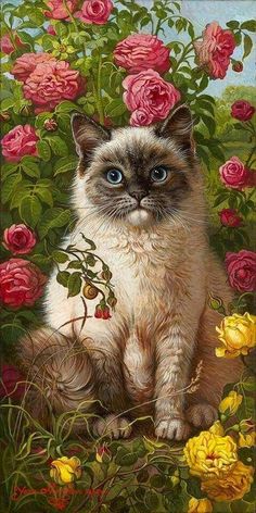 a painting of a cat surrounded by flowers