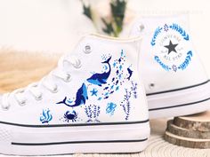 " Custom Embroidered Converse High Tops/Custom Converse Chuck Taylor 1970s Shark Embroidered/ Ocean Vibes Embroidered/Birthday gift-TB001LT "  The pair of shoes will include one side of a green mushroom and one side of a red mushroom. If you want 2 sides red mushroom can contact us  CONVERSE ∙ EMBROIDERED ∙ Whale and ocean vibes * Material: High-quality premium cotton embroidery thread, colorfast * Dimensions: Tailored to your selected US shoe size * Finish: High-end embroidery ∙ Sharp threading Embroidery Ocean, Embroidered Converse High Tops, Converse Embroidery, Whale Fish, Embroidered Converse, Custom Converse, Embroidered Shoes, Ocean Vibes, Unique Shoes