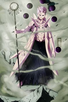 an anime character standing in the water holding a spear and wearing a purple outfit with white hair