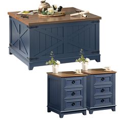 two blue dressers with drawers and a basket on top