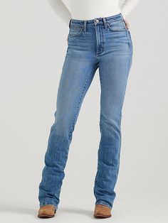 EVERY COWGIRL’S GO-TO Trends may come and go, but the bootcut is forever. Our Women’s Wrangler Retro® Bailey High Rise Bootcut Jean sets the bar high with a waist-nipping silhouette, a close fit through the thigh, and a slightly flared 17” leg opening that goes perfectly over boots. It’s crafted from cotton with just a subtle amount of stretch for comfort. Plus, the signature five-pocket styling, “W” stitching, and rope logo patch deliver the Western authenticity you want. Best Bootcut Jeans For Women, Wrangler Jeans Outfit, Best Bootcut Jeans, Casual Jeans Outfit, Wrangler Jeans Women's, Wrangler Women, Ariat Jeans, High Rise Bootcut Jeans, Jeans Outfit Casual