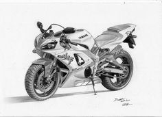 a pencil drawing of a motorcycle parked on the side of the road in front of a white background