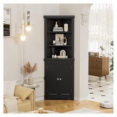 a living room with a bookcase in the corner