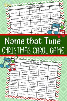 the name that tune christmas carol game is shown in green and red with an image of a