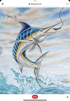 a drawing of a blue marlin fish jumping out of the water with a fishing rod