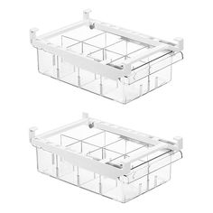 two clear plastic baskets with handles and dividers on each side, one for storage