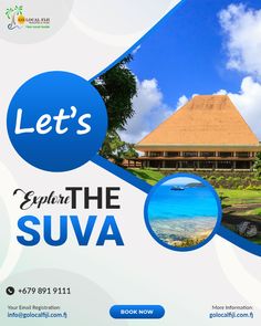 an advertisement for a travel company with images of the building and surrounding area in blue