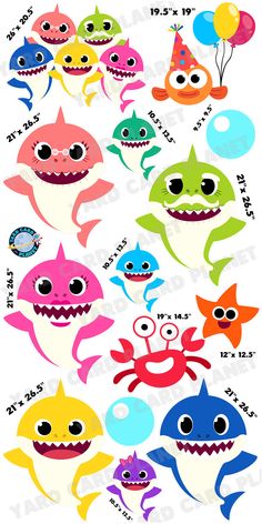 an assortment of cartoon shark stickers on a white background