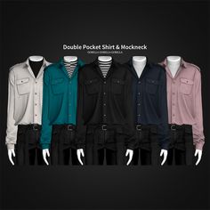 five different shirts and pants on display in front of a black background with the words double pocket & mock mock