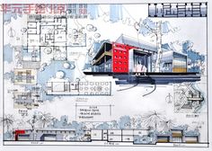 a drawing of a red building with lots of windows and floor plans on the wall