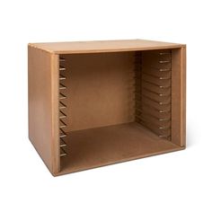 an open cardboard box with several compartments on the front and bottom, in light brown