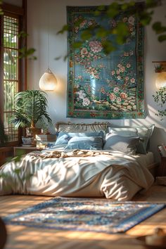 a large tapestry hanging over a bed in a bedroom