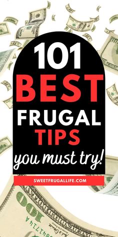 the words 101 best frugal tips you must try on top of a pile of money