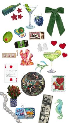 the collage has many different items on it, including a glass and some cards