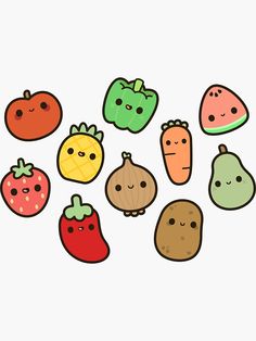 a group of fruits and vegetables with faces drawn on them, all in different colors