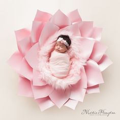 a newborn baby is wrapped in a pink blanket on top of a large paper flower