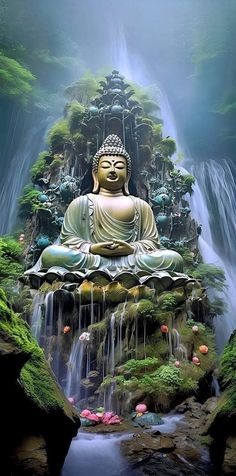 a buddha statue sitting in front of a waterfall