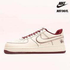 Stussy x Nike Air Force 1 Low Off White Dark Red UN1635-555 Nike Air Force Red, Dark Red Sneakers, Red Nike, Nike Air Force 1 Low, Red Sneakers, Air Force 1 Low, Nike Air Force 1, Air Force 1, Nike Air Force